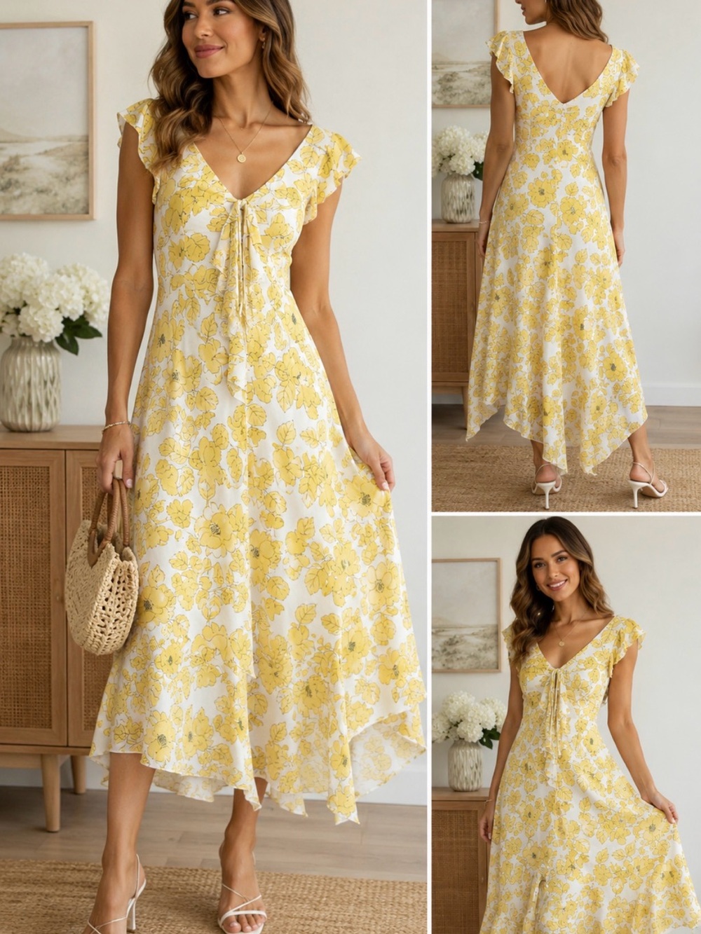 Signature by Robbie Bee Yellow Floral Midi Dress Size 8